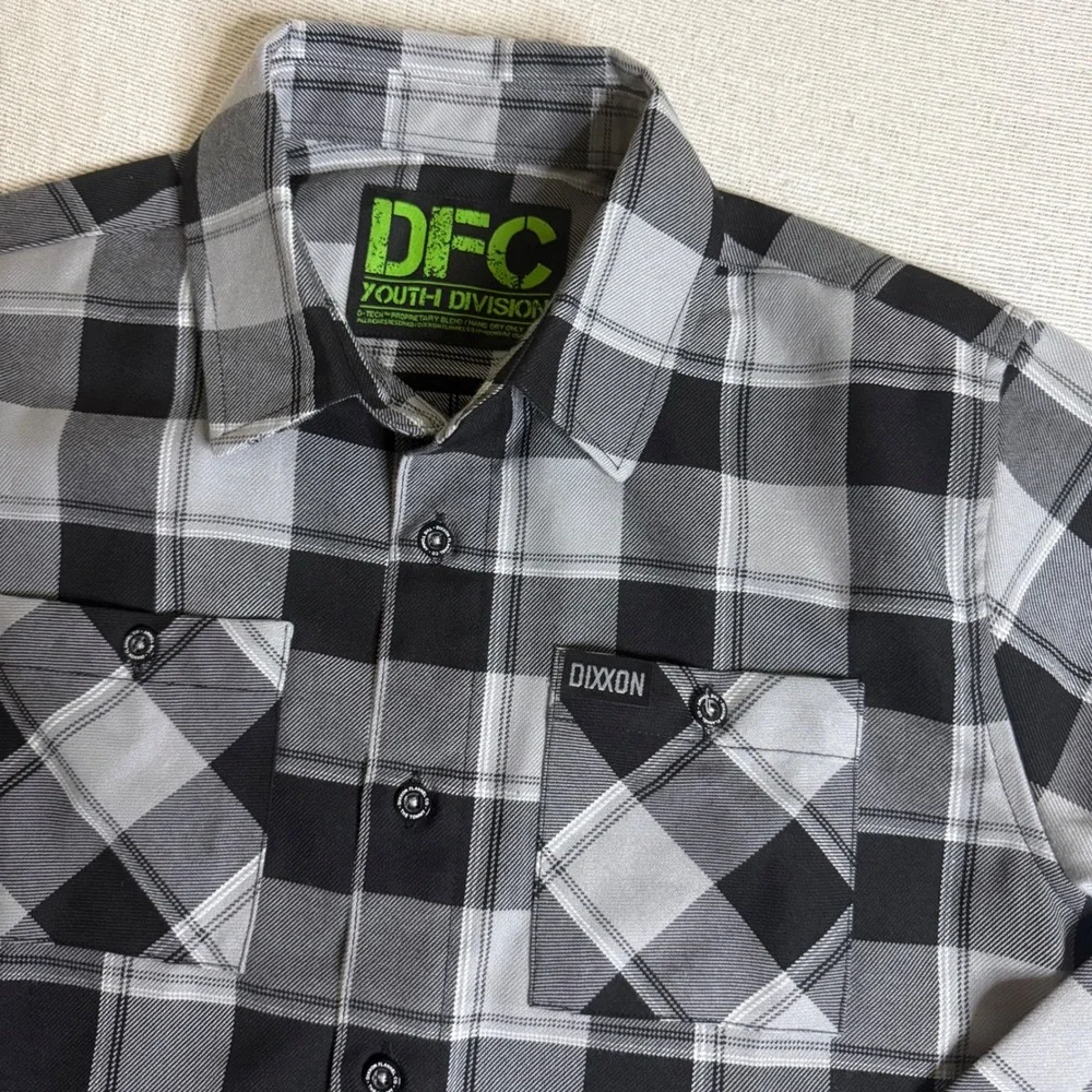 Dixxon Flannel Co DFC Youth Division Shirt Kids XL Grey Black Plaid Button Up